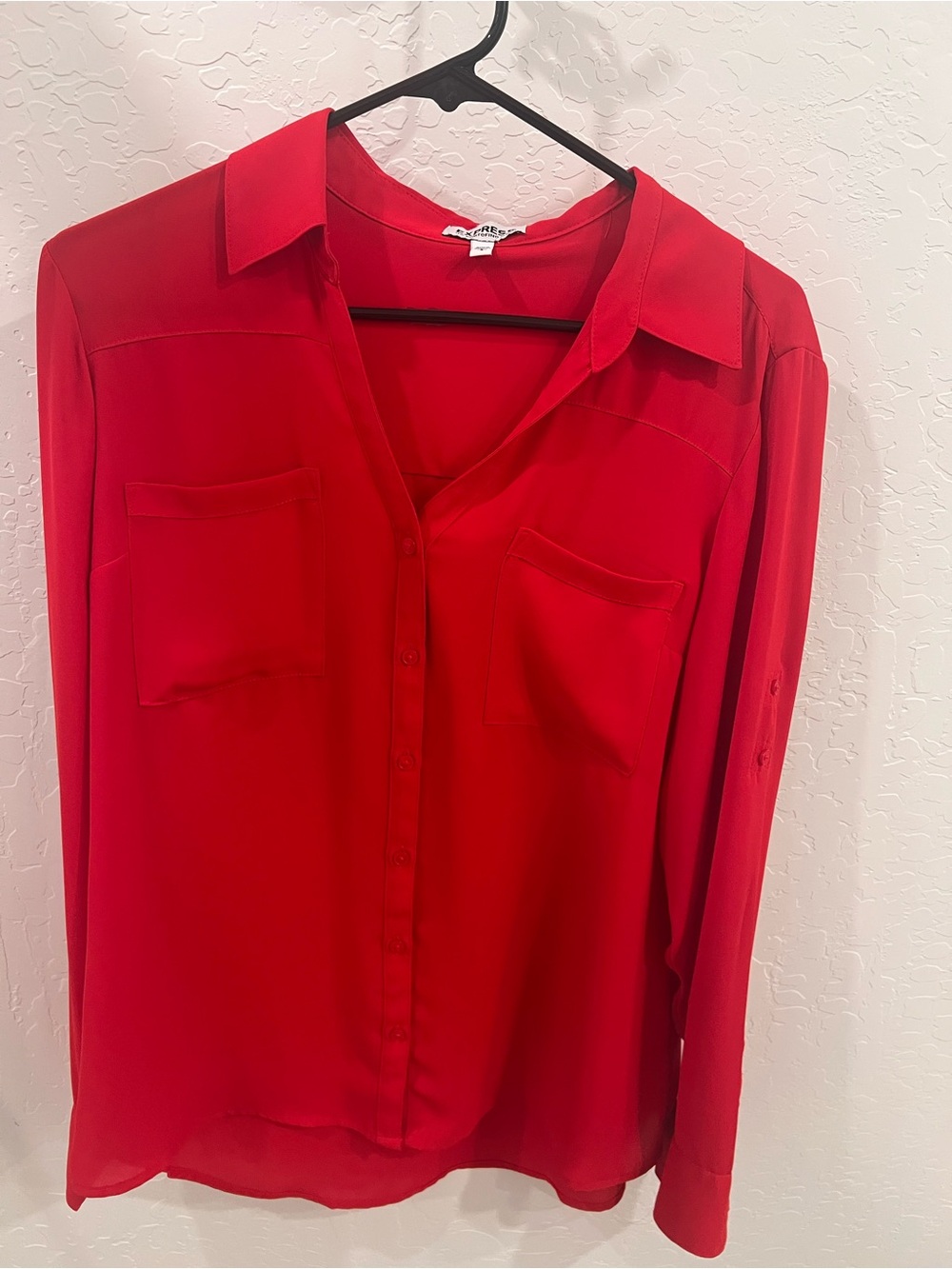 Express Red Button-Down Blouse with Chest Pockets